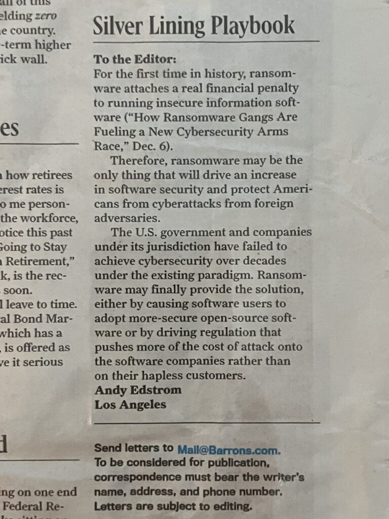 Andrew Edstrom Cybersecurity Barron's Publication